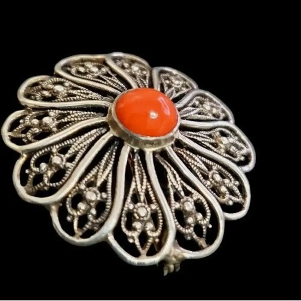 Coral Silver Brooch 835 Silver European Vintage‎ Marked Signed, 1.25